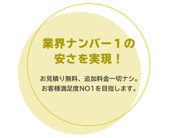 業界ナンバー１ の安さを実現！お見積り無料、追加料金一切ナシ。 お客様満足度NO1を目指します。